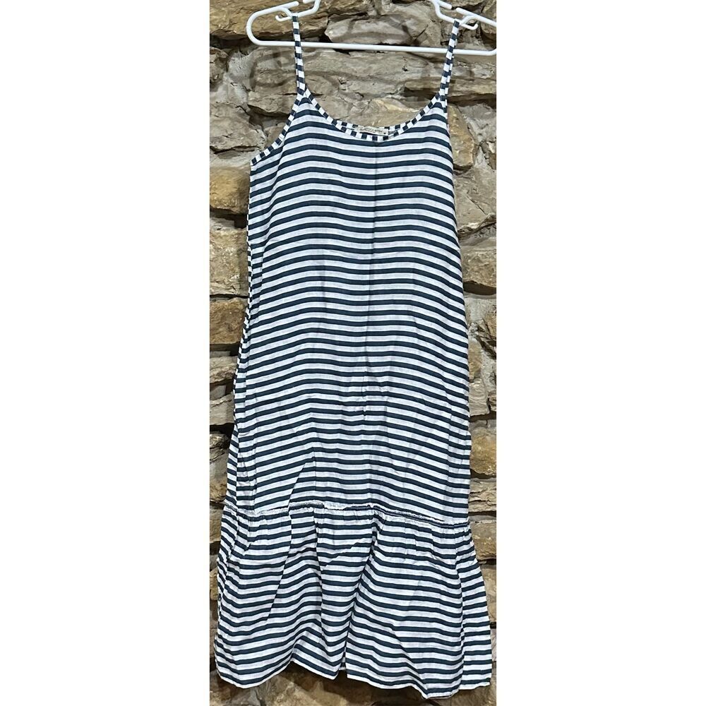 Francesca Bettini Navy Blue White Striped Pure Linen Midi Dress Medium